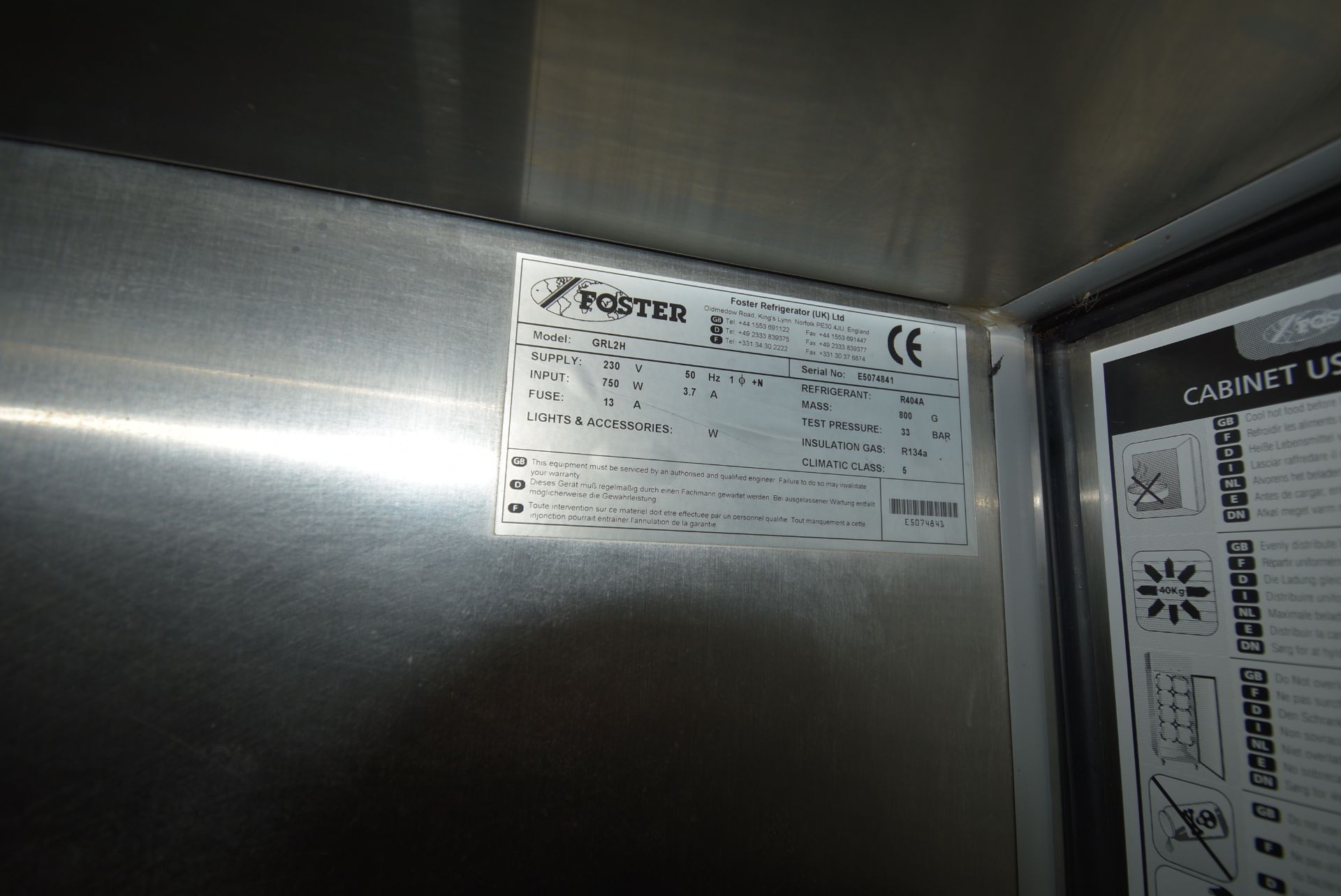 Foster Stainless Steel Two Door Refrigerator Model: GRL2H, Single Phase - Image 3 of 3