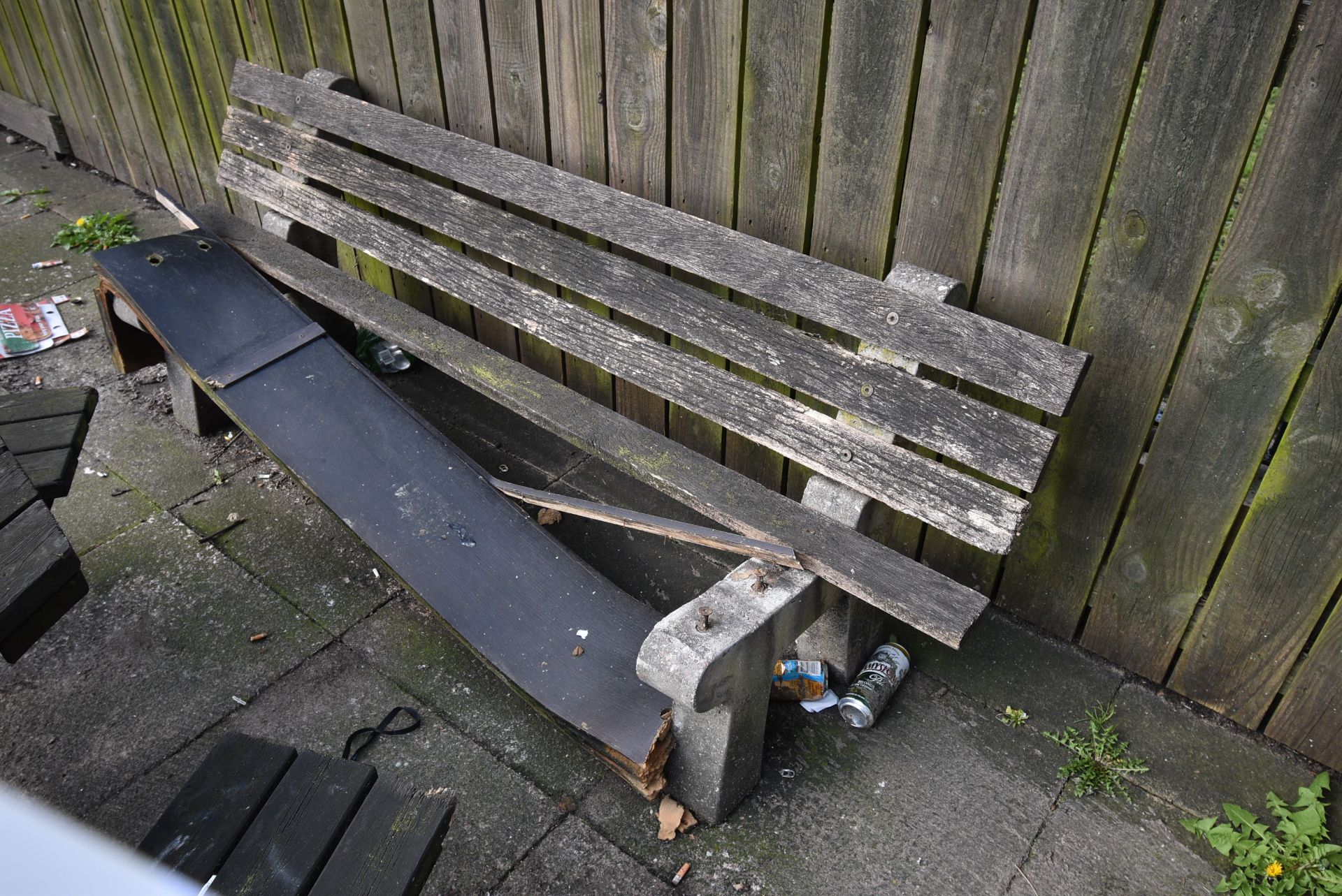 Two 6ft Benches on Concrete Supports with Wood Seat and Back (requires restoration) - Image 2 of 2