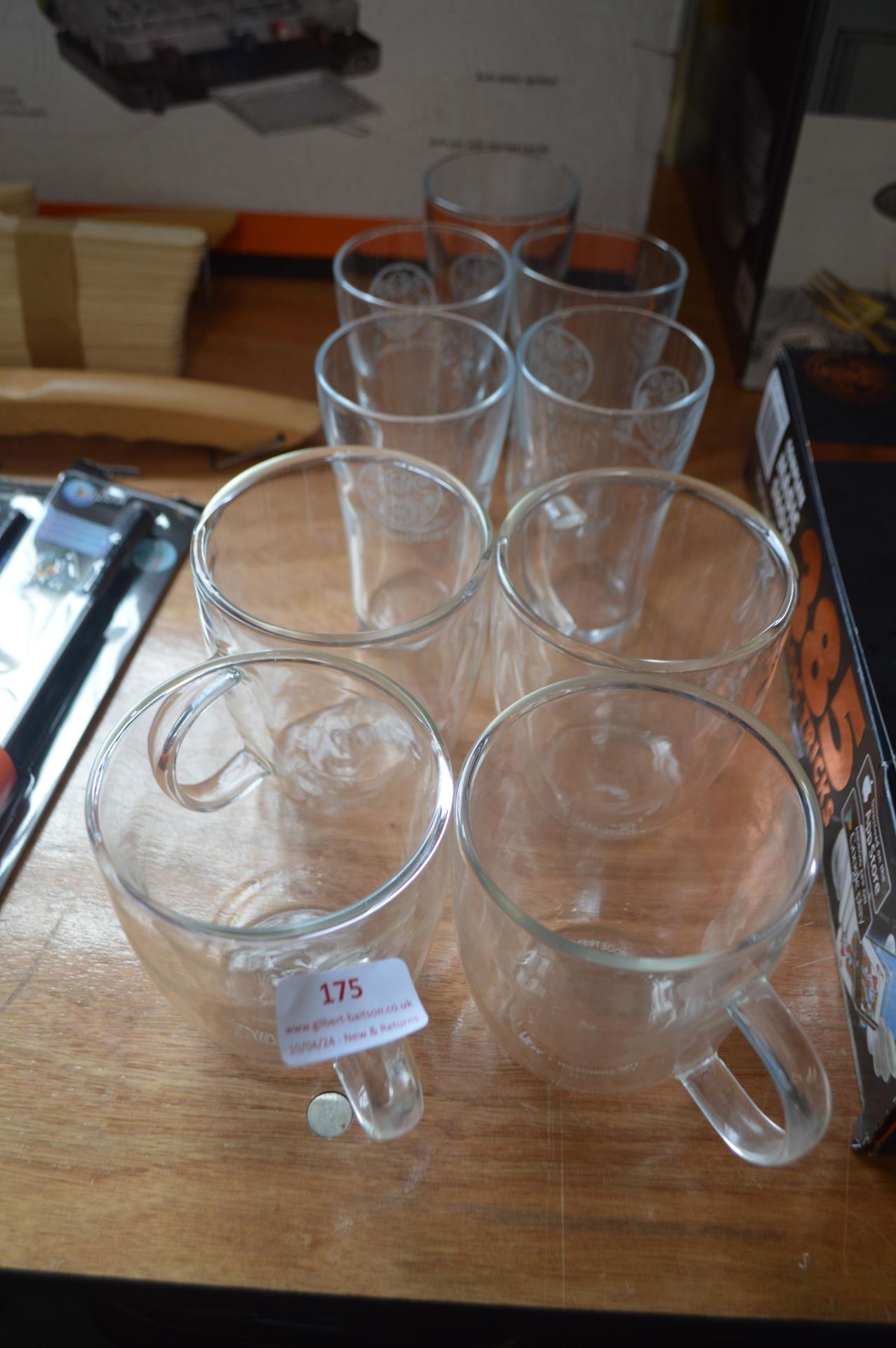 Four Glass Mugs and Five 1/2 Pint Beer Glasses