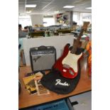 Fender Squier Stratocaster Electric Guitar plus Frontman 15G Amplifier, and Sing Books