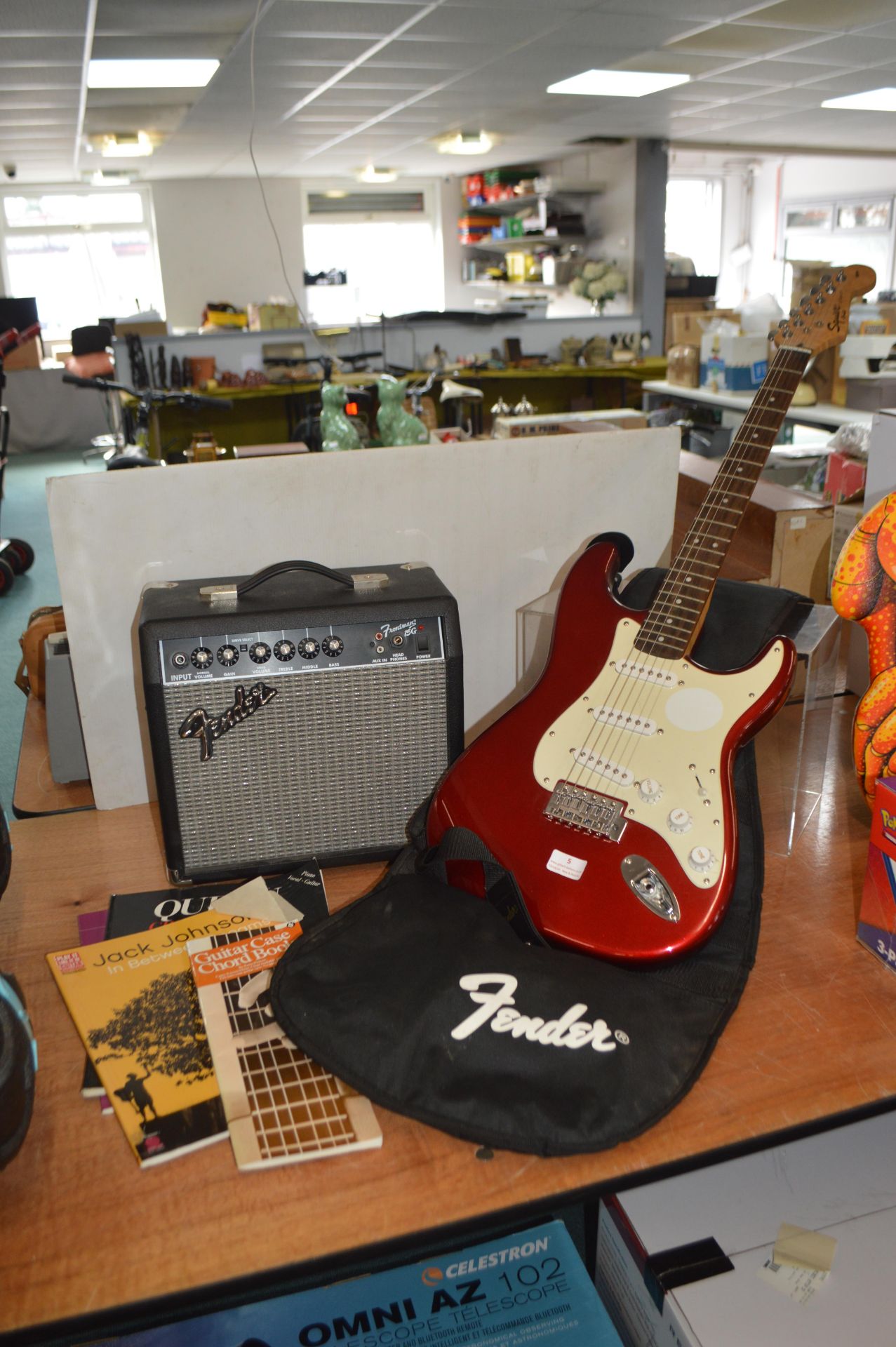 Fender Squier Stratocaster Electric Guitar plus Frontman 15G Amplifier, and Sing Books