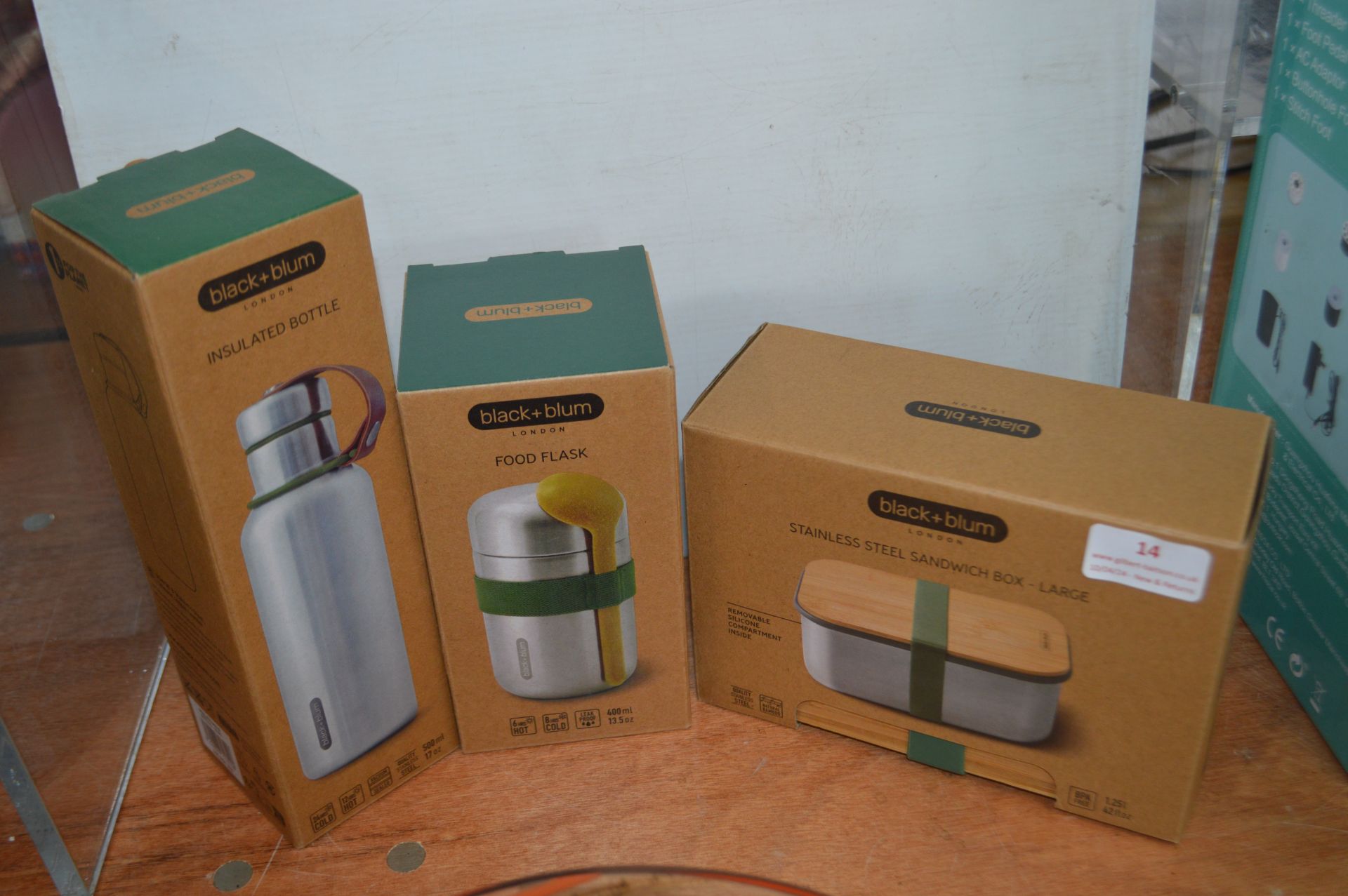 *Set of Three Black & Blum Stainless Steel Food Flasks and Sandwich Box