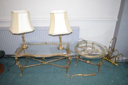Gilded Brass Coffee Tables, Lamps, and a Magazine