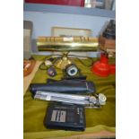Brass Desk Lamp, Tripods, and Walkman