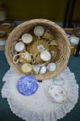 Wicker Basket Containing Vintage Pottery & Glasswa