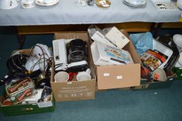 Four Boxes of Kitchenware, Pans, Pottery, Serving