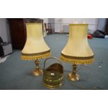 Two Brass Table Lamp Bases plus Brass Coal Scuttle