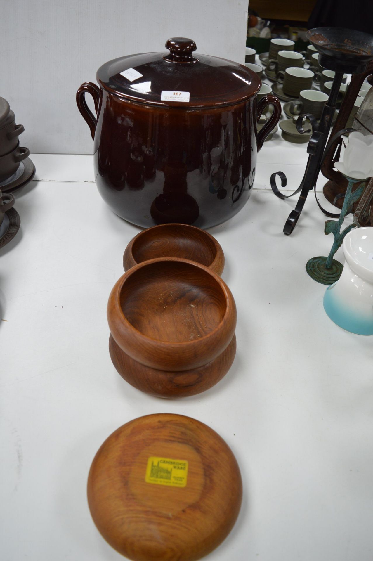 Large Terracotta Lidded Pot plus Four Teak Serving