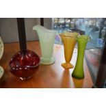 Coloured Glass Vases and a Bowl