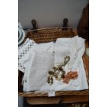 Picnic Basket Containing Vintage Linens, Tableclot