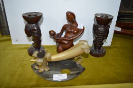 Carved Wooden Elephant, Candlesticks, and Ornament
