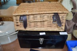 Painted Wooden Deed Box and a Wicker Basket