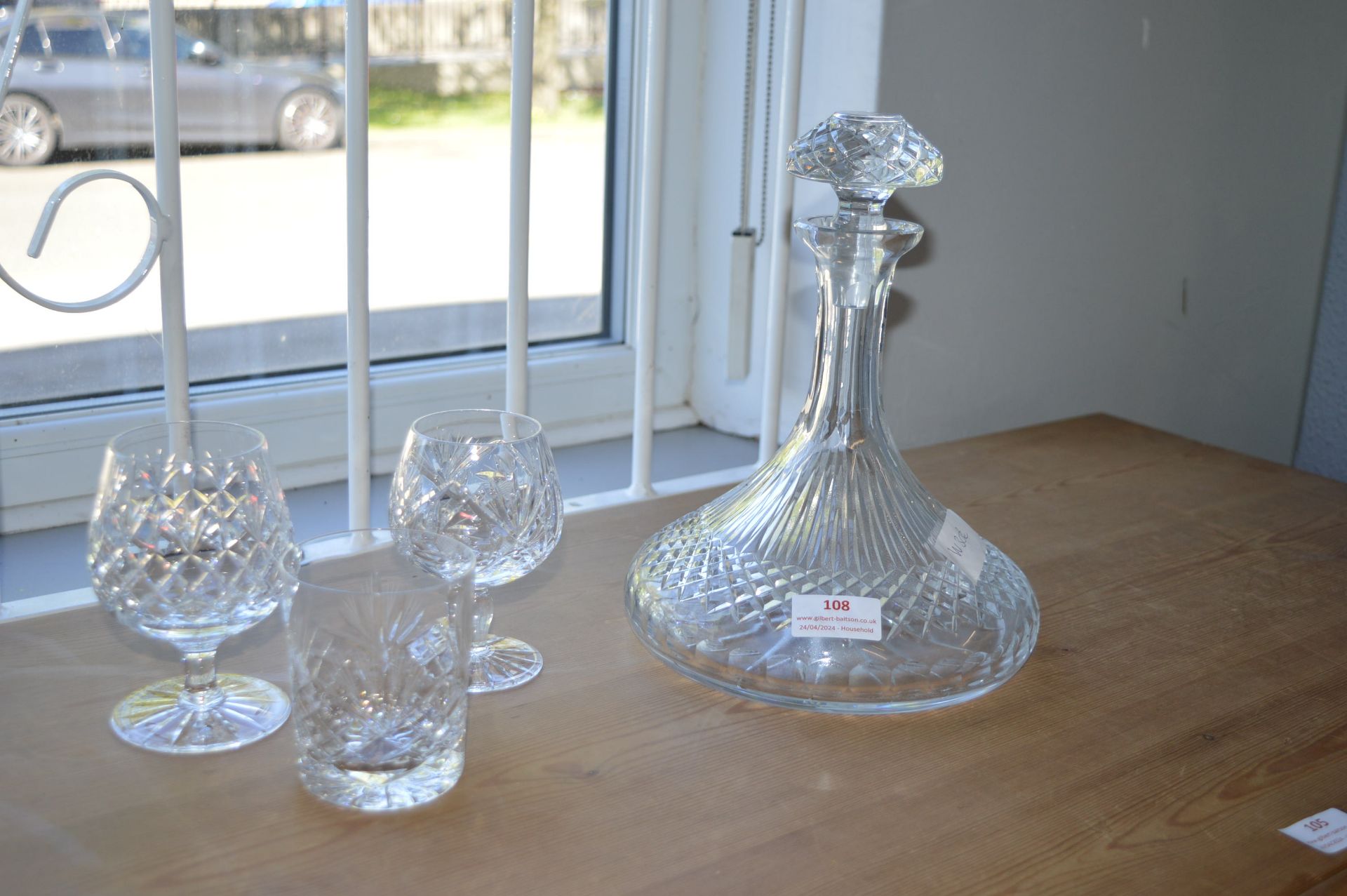 Cut Glass Decanter and Three Glasses