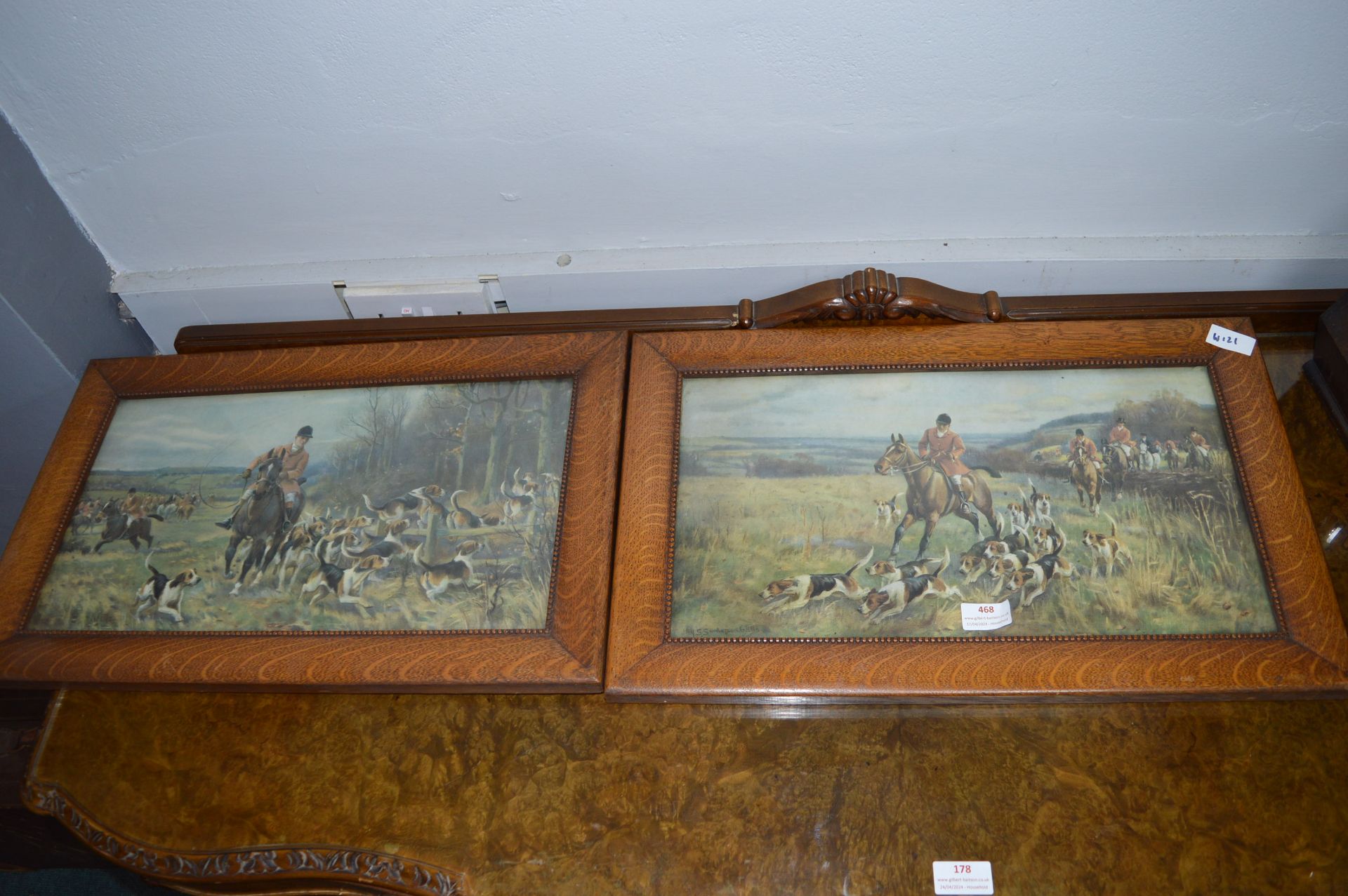 Pair of 1930's Oak Framed Hunting Prints Signed Sa