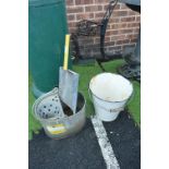Enamel Bucket, Mop Bucket, and a Shovel