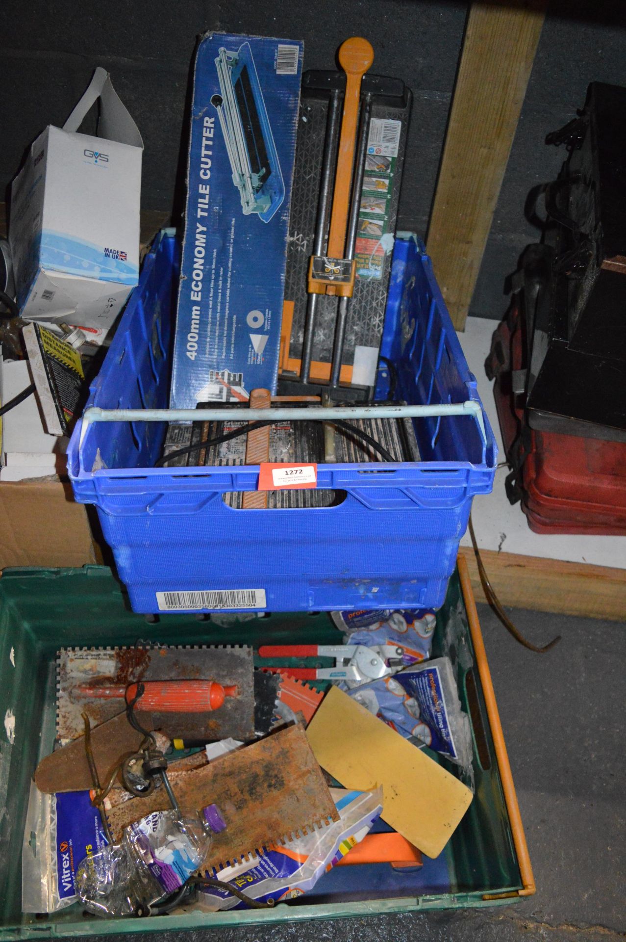 Two Tray of Various Tile Equipment Including Floats, Skimmers, Two Tile Cutters, Electric Tile