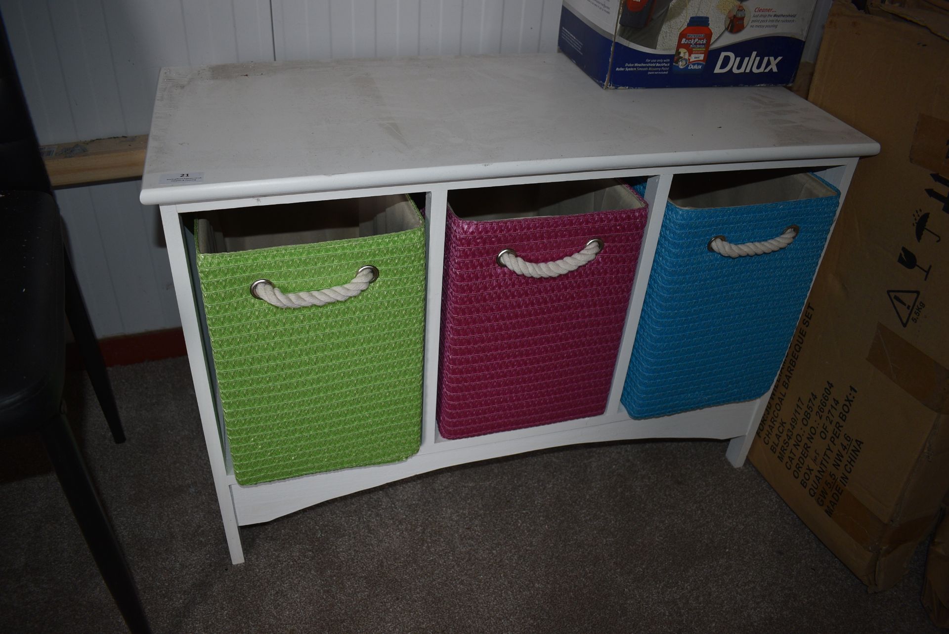 Storage Unit with Three Coloured Baskets 21.5” tall, 14” deep, 31.5” wide