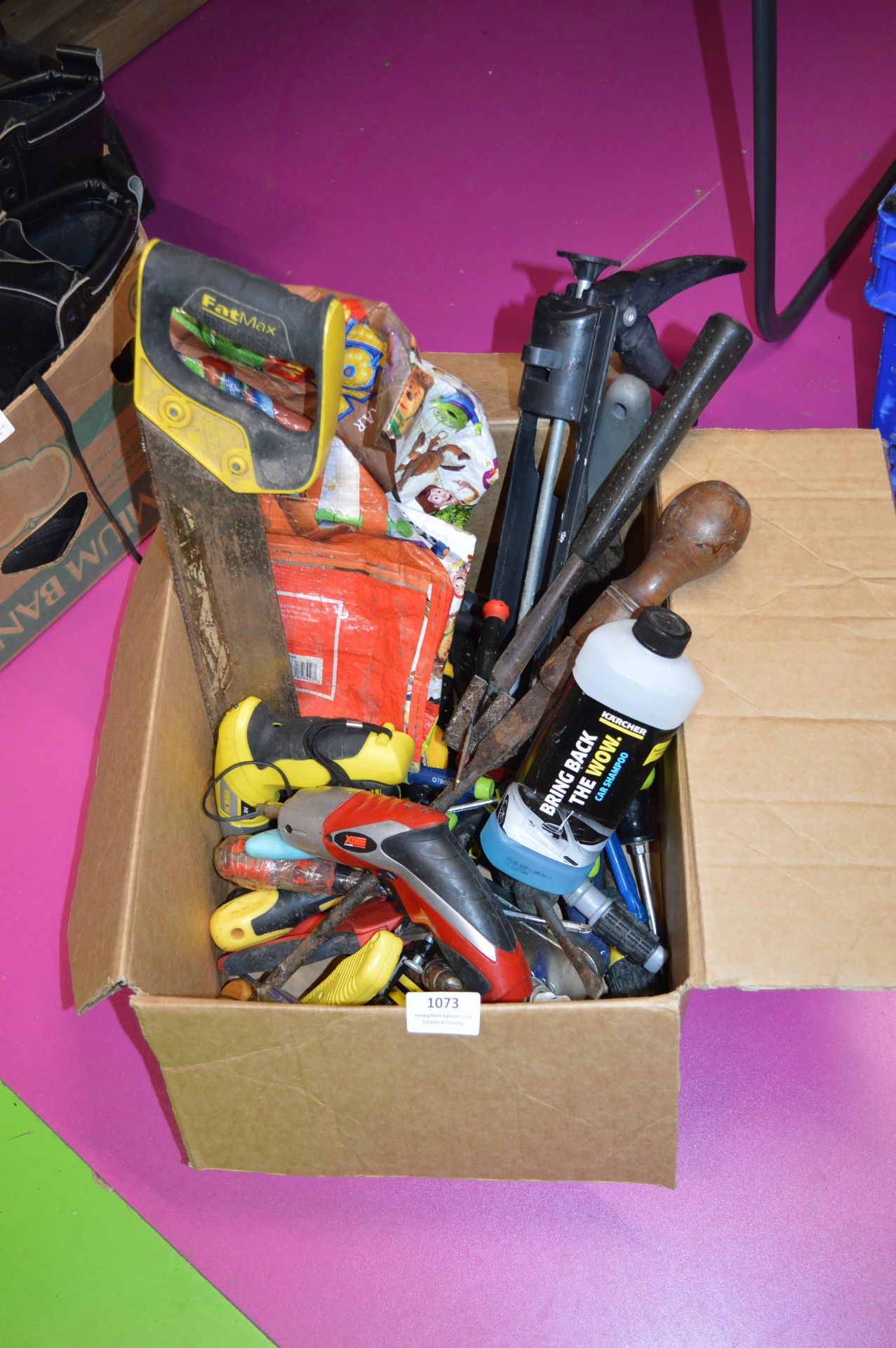 Box of Assorted Tools Including Drills, Screwdrivers, Saws, etc.