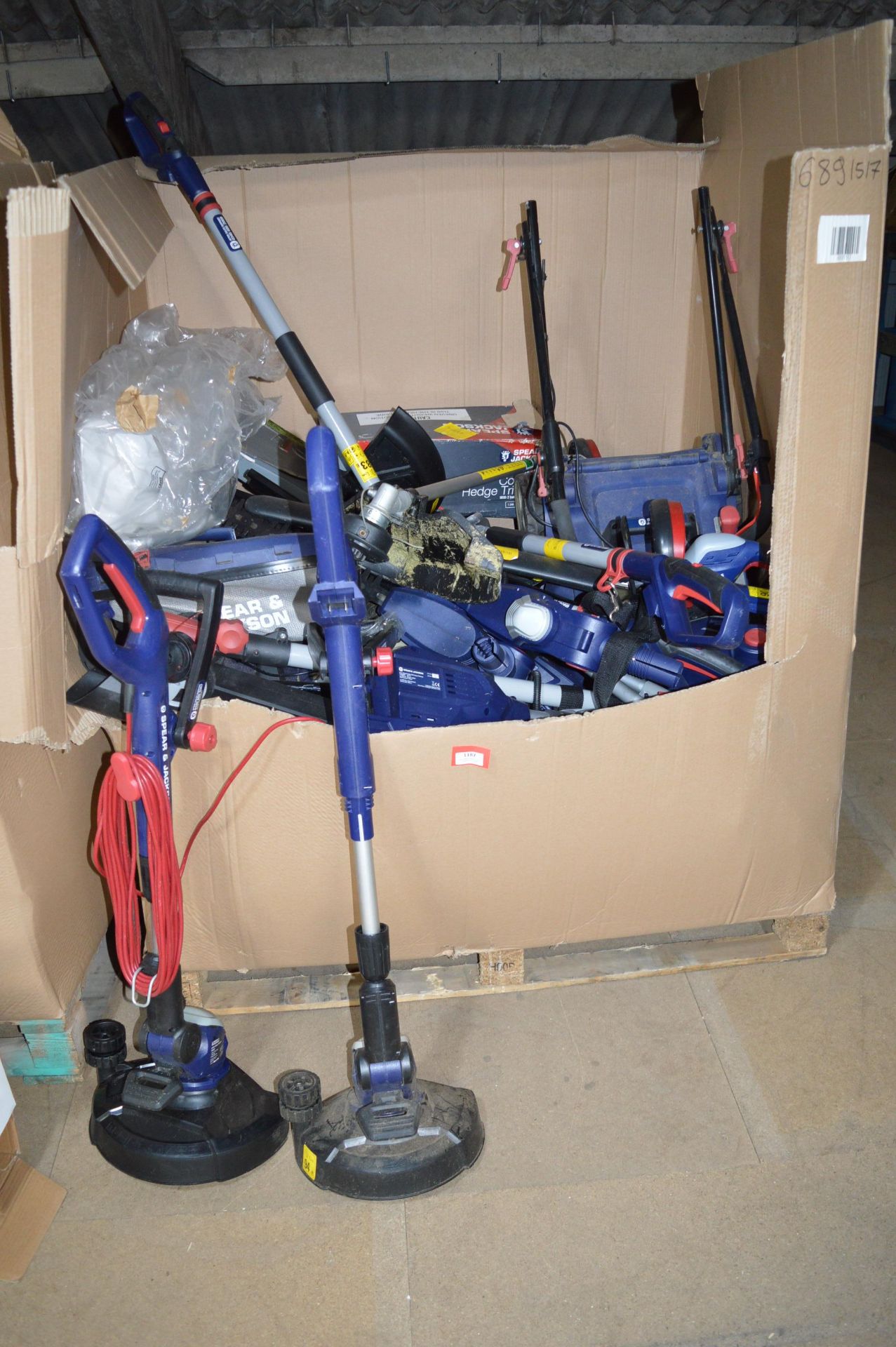 Pallet Containing a Quantity of Spear & Jackson Hedge Trimmers, Strimmer, and Lawnmowers (salvage)