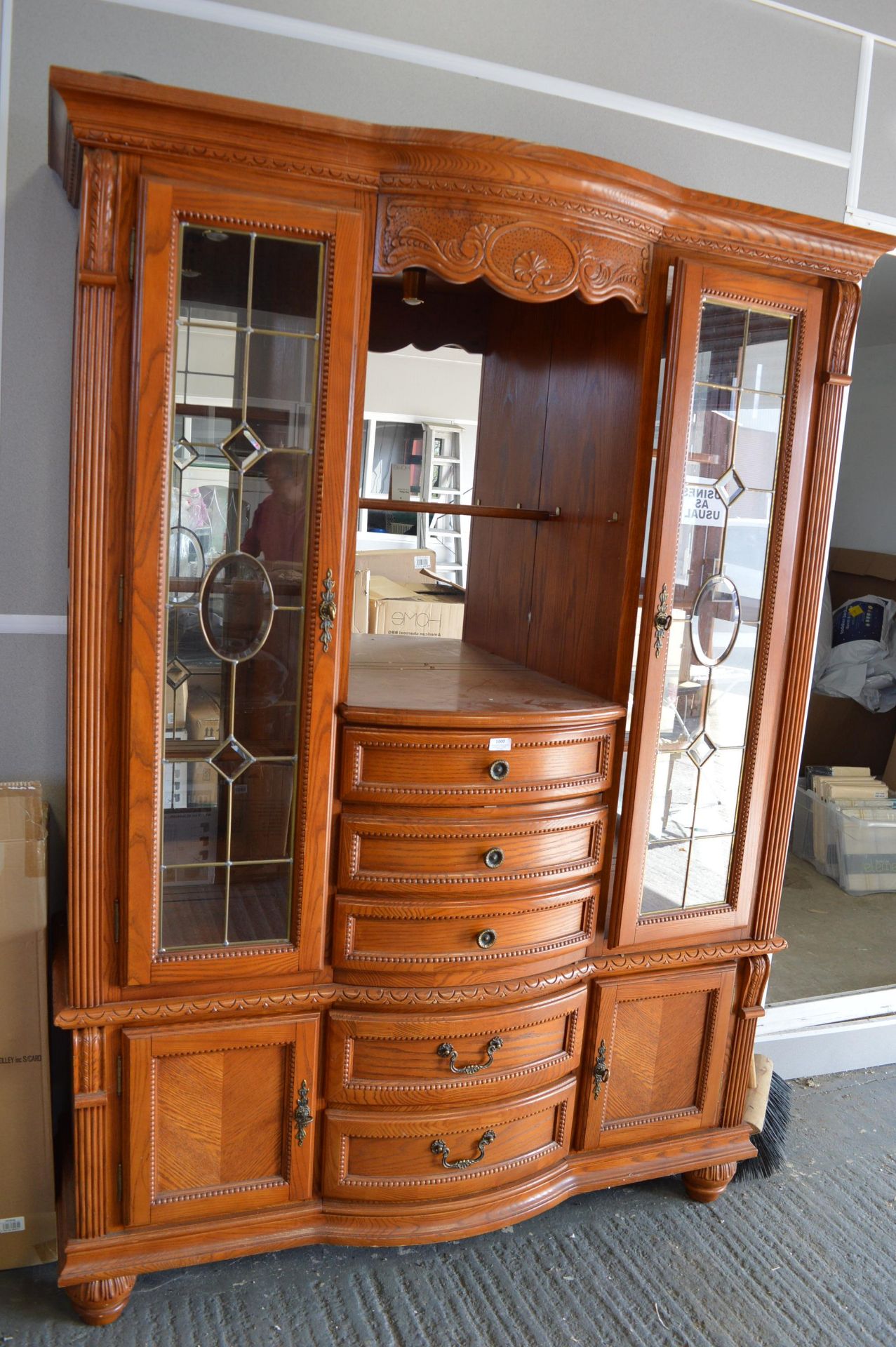 Mirrored Display Cabinet with Five Bow Fronted Drawers 210cm tall