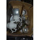 Box Containing Assorted Teapots, Saucers, Coasters, etc.
