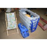 Three Large Plastic Boxes on Wheels and Contents, Deck Chair, etc.