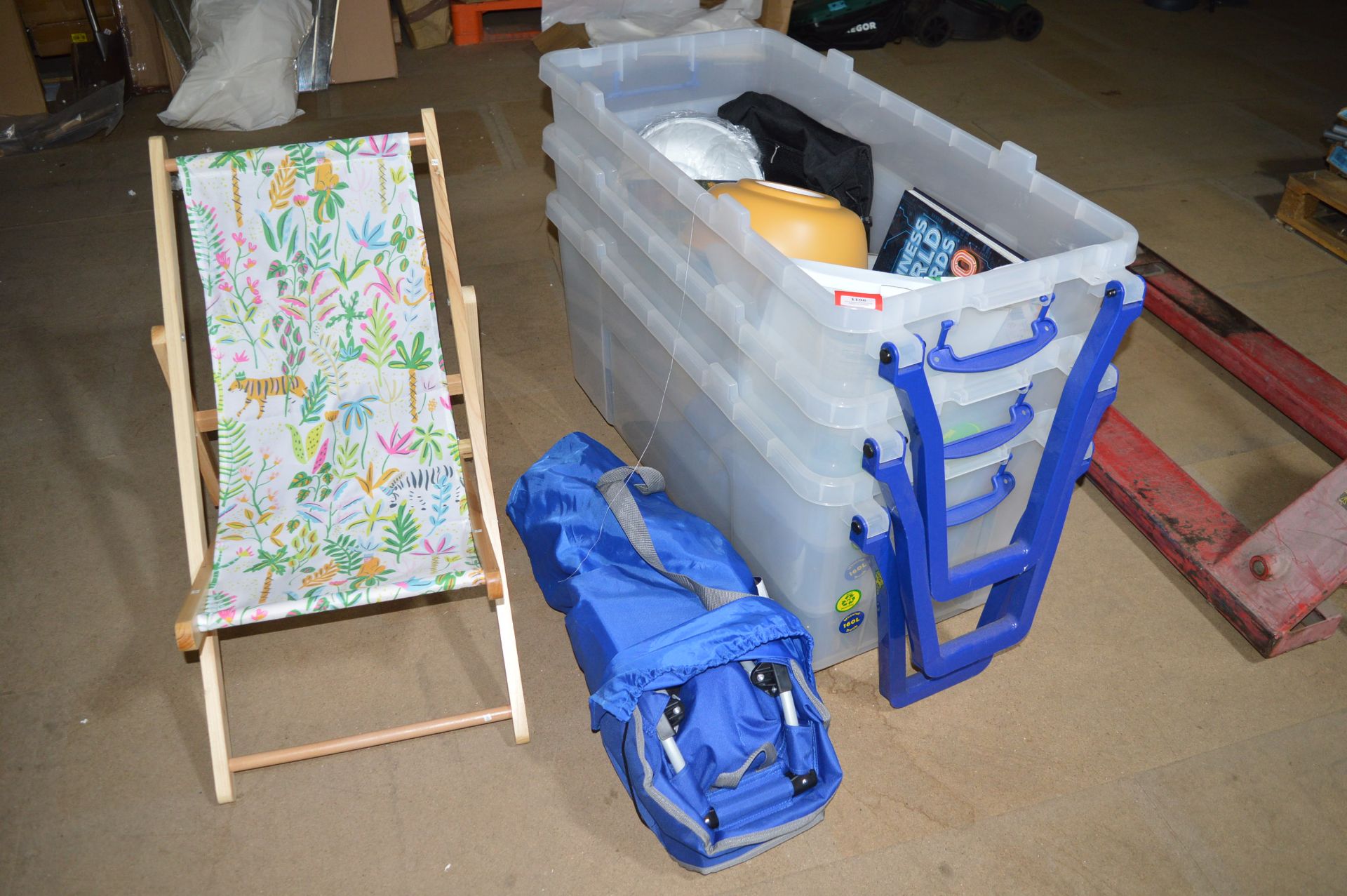 Three Large Plastic Boxes on Wheels and Contents, Deck Chair, etc.