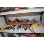Contents of Shelf to Include Screwdrivers, Spanners, Bow Saws, etc.