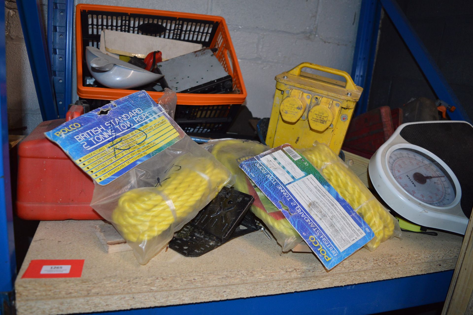 Contents of Shelf to Include Three 2-ton Tow Ropes, 110v Transformer, etc.