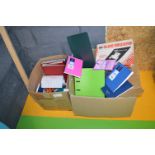 Two Boxes of Assorted Office Equipment Including Notebooks, Box Files, Scissors, etc.