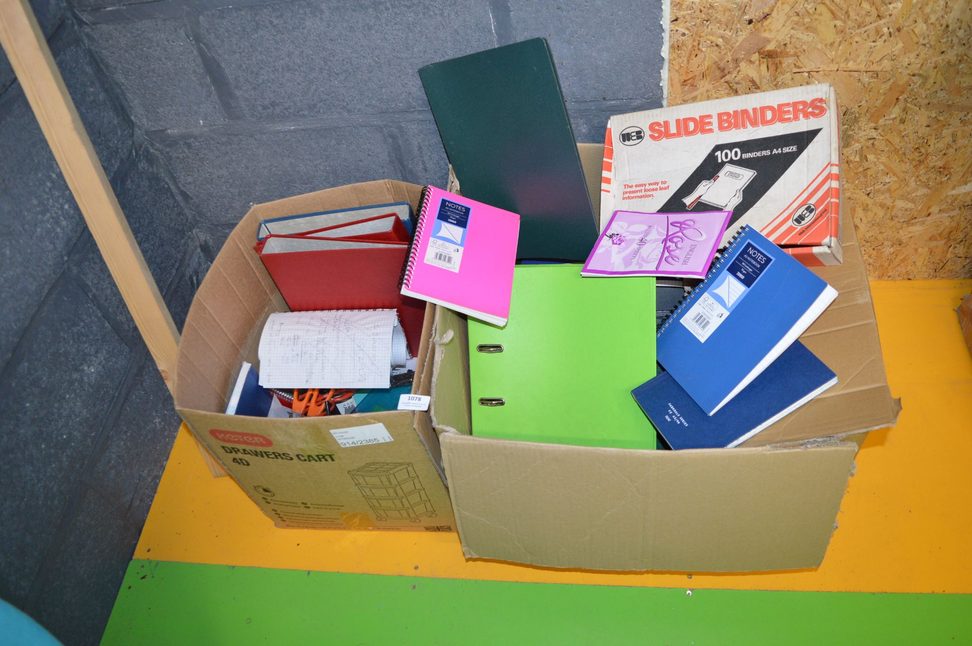 Two Boxes of Assorted Office Equipment Including Notebooks, Box Files, Scissors, etc.