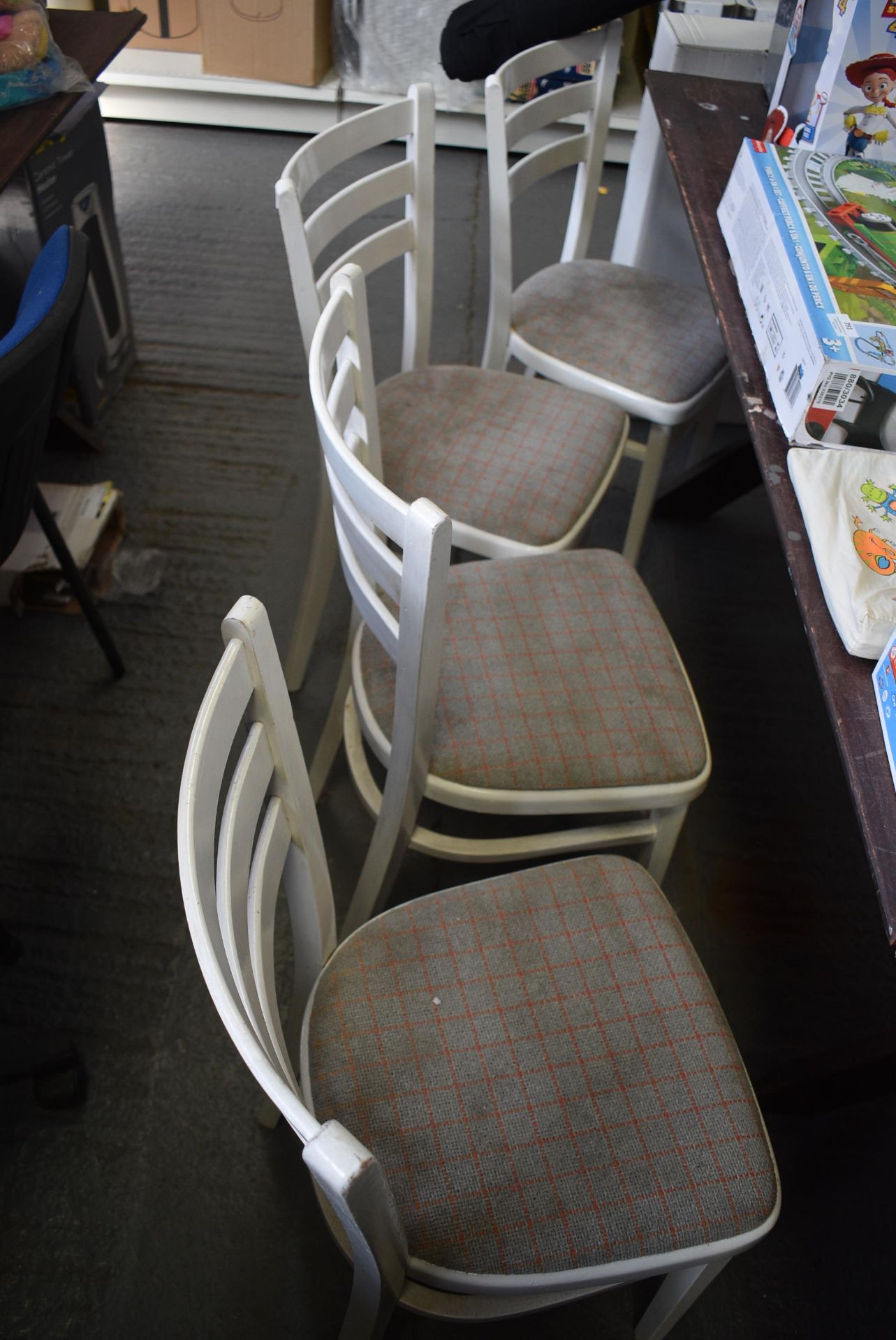 Four White Painted Chairs with Upholstered Seats
