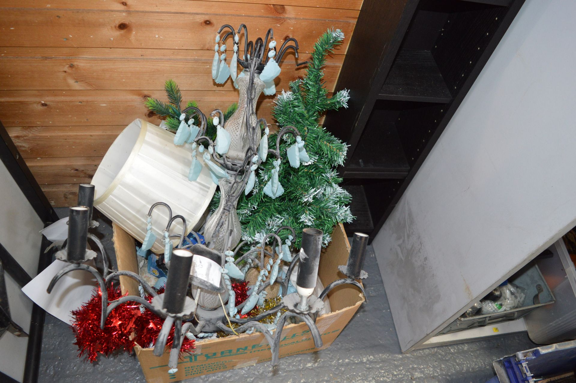 CD Storage Unit and a Box Containing Various Christmas Items, and a Chandelier - Image 2 of 2