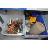 Two Boxes of Various Tools Including Wire Brush, Dampproof Membrane, etc.