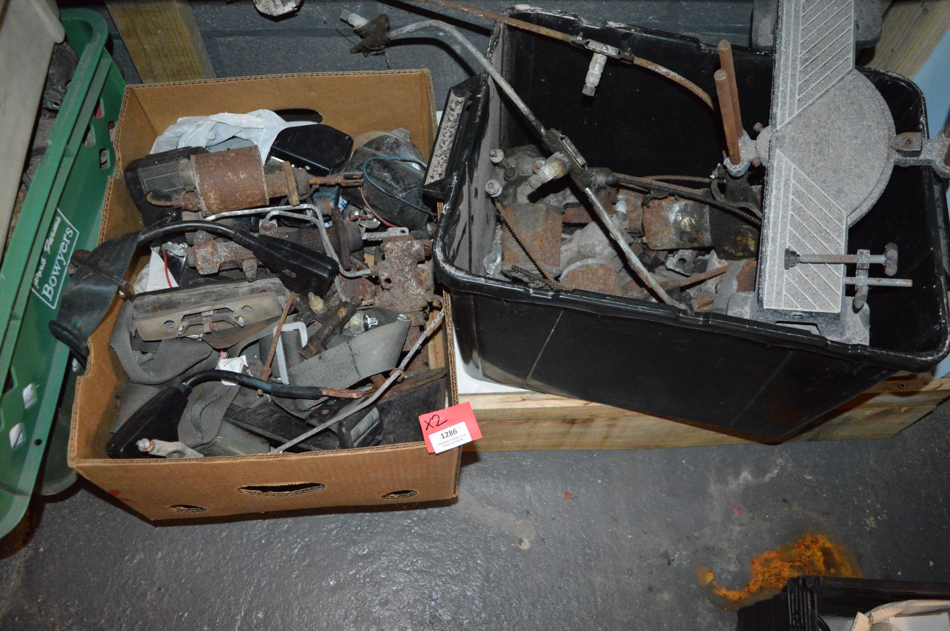 Two Boxes Containing Brake Cylinders, Mini Reservoirs, and a Mini Wiper Motor