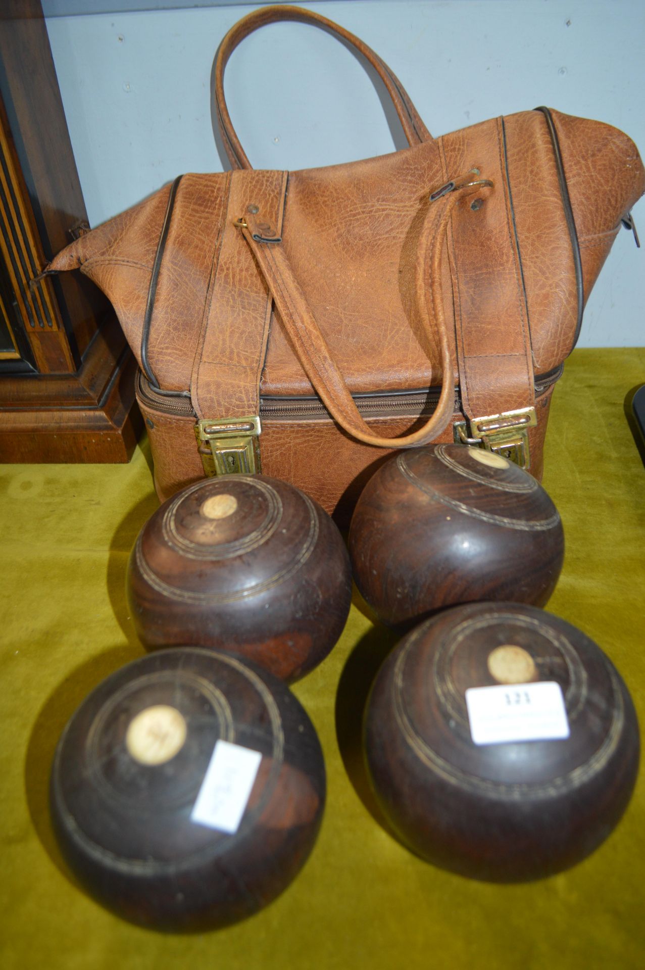 Set of Four Wooden Bowling Ball and Bag
