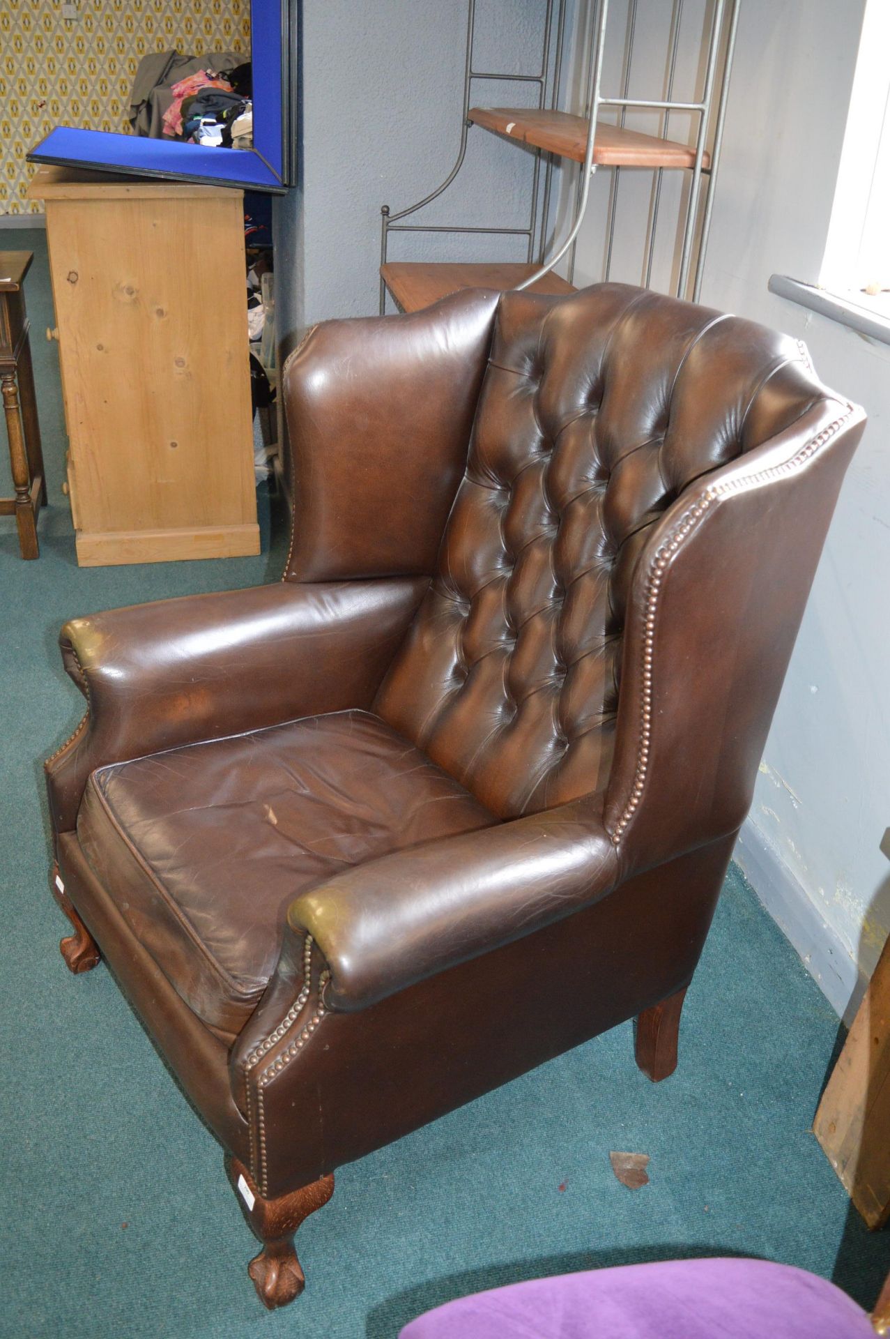 Brown Leather Chesterfield Wingback Armchair (matc - Image 2 of 2