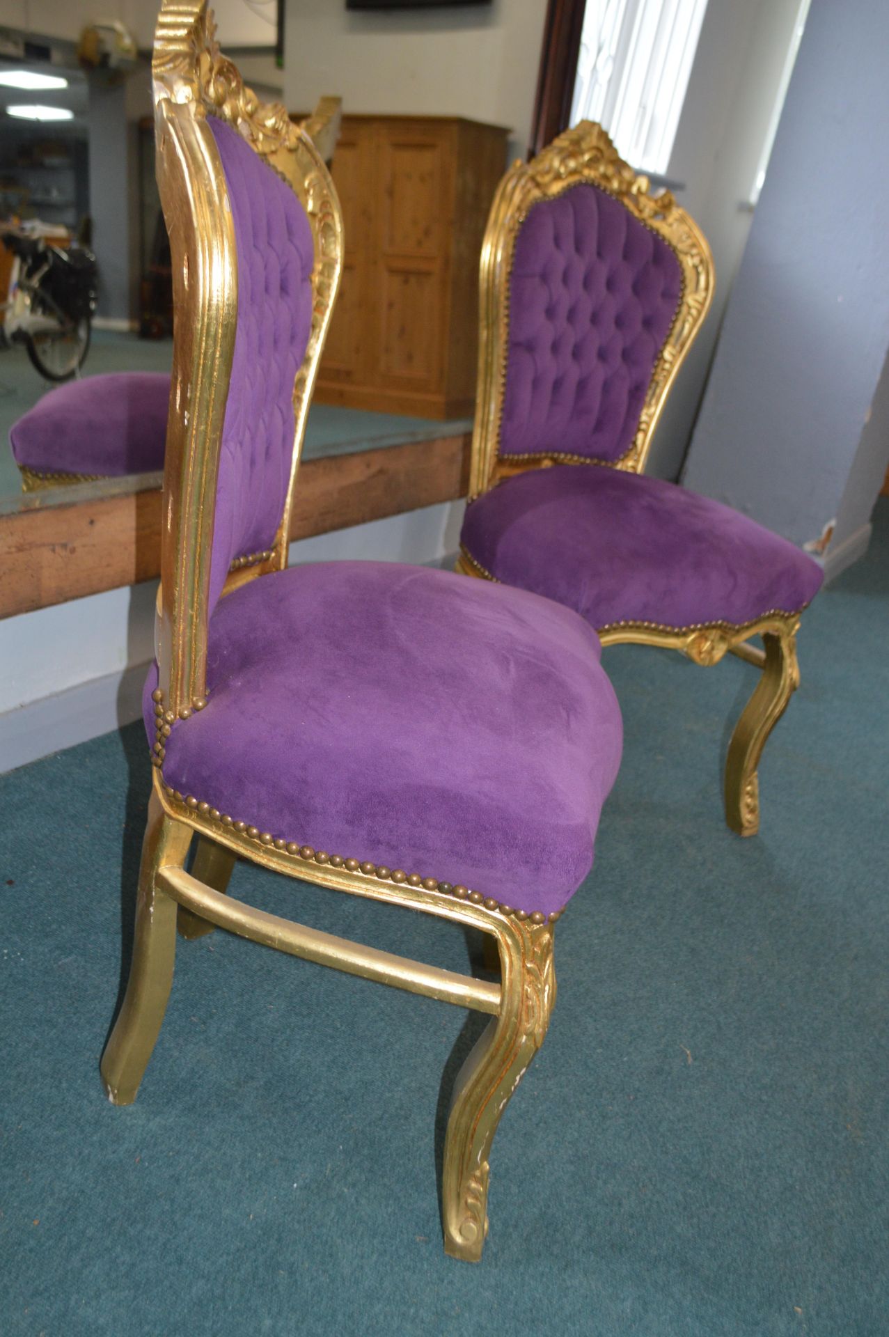Pair of Ornate Gilded Chairs with Purple Plush Uph - Image 2 of 2