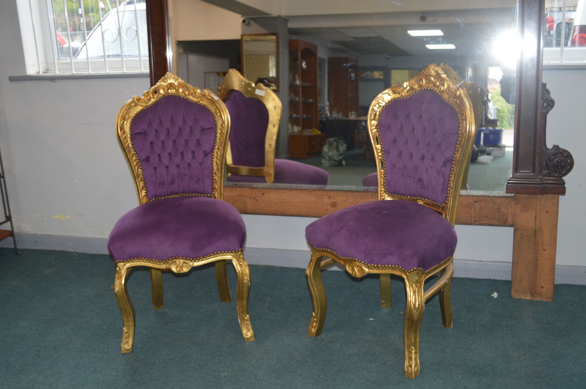 Pair of Ornate Gilded Chairs with Purple Plush Uph