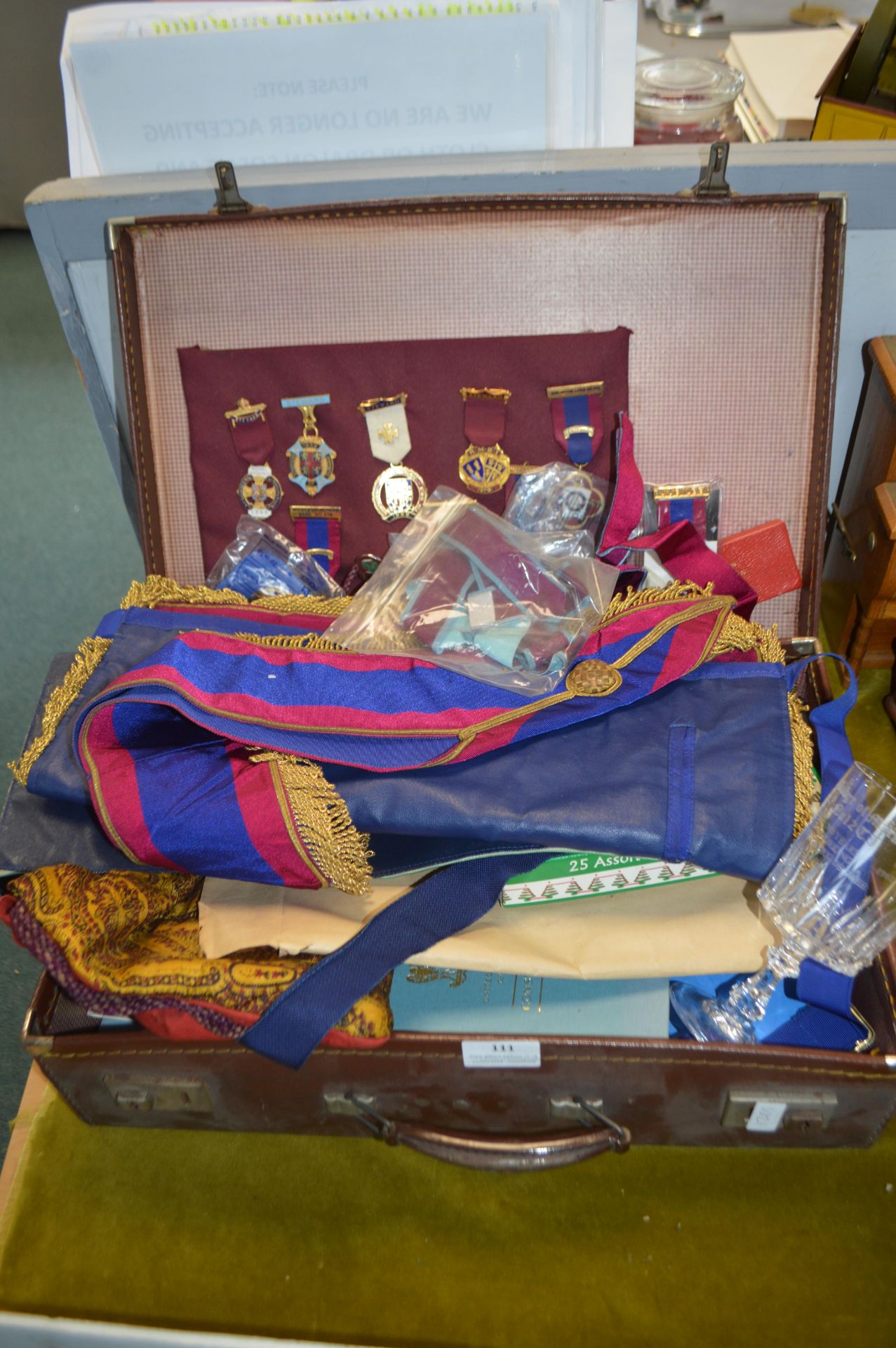 Case Containing Masonic Medal, Aprons, etc.