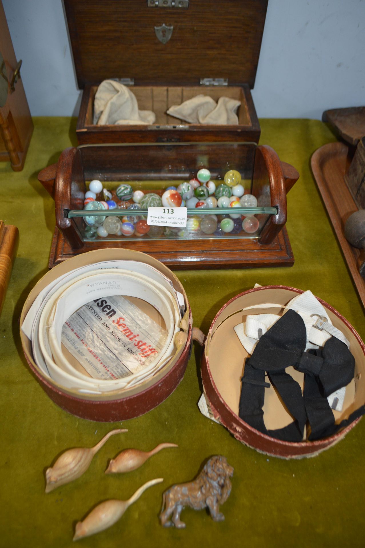Wooden Boxes, Marbles, Collars, etc.