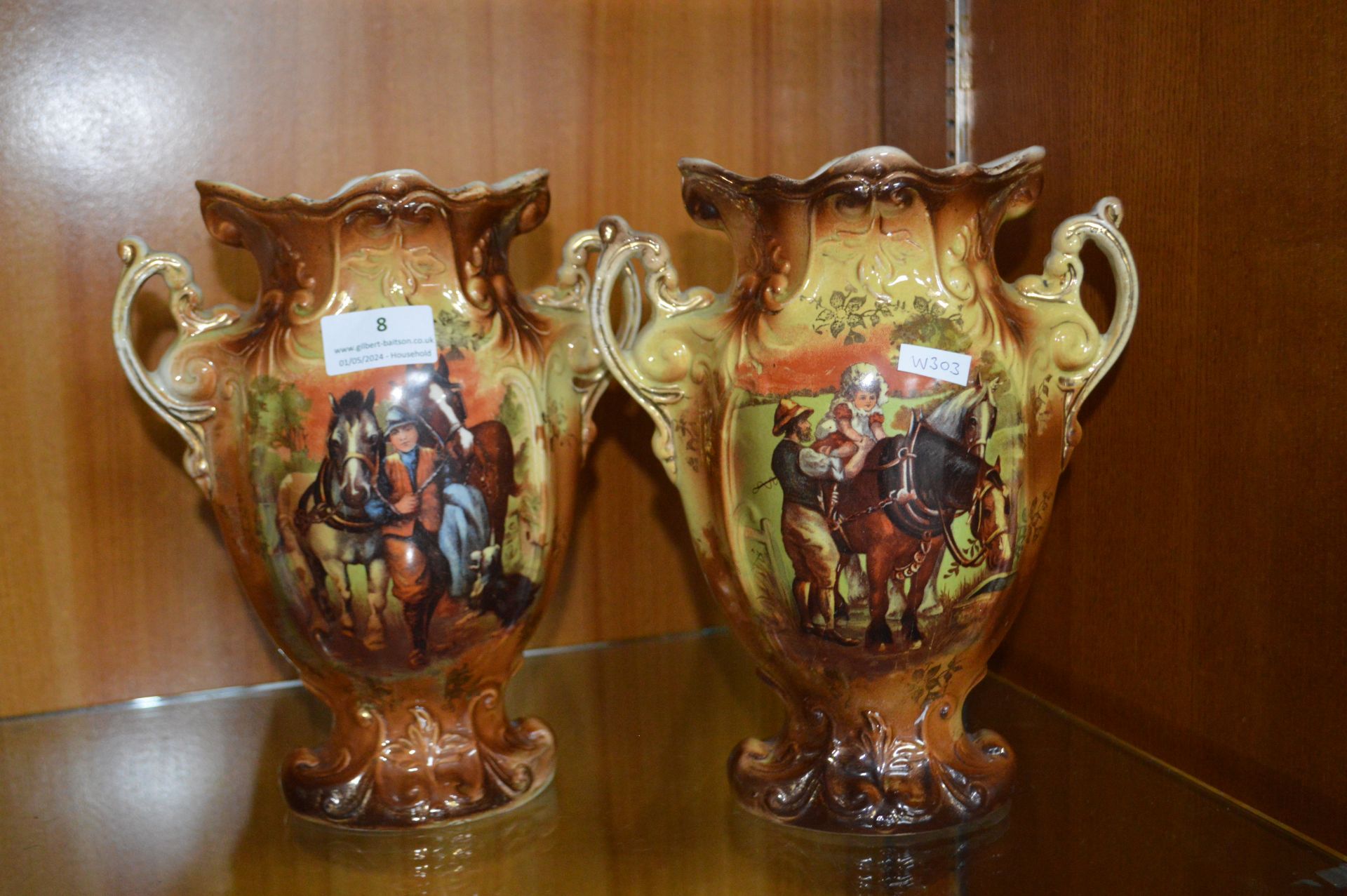 Pair of Period Vases with Working Horse Designs