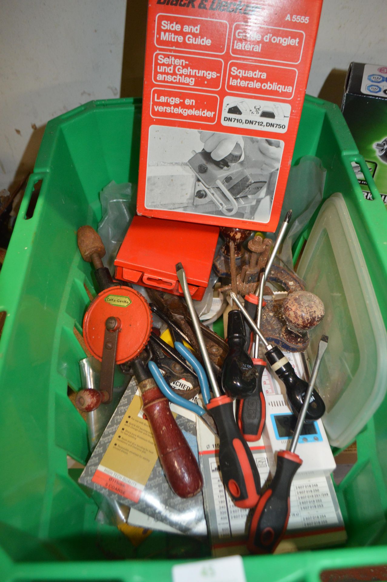 Box of Assorted Tools Including Screwdriver, Side