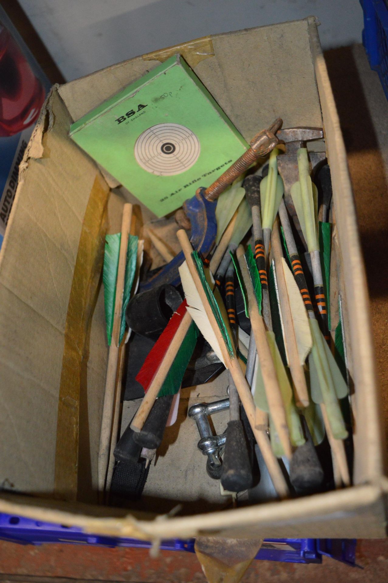 Box of G-Clamps, Crossbow Bolts, Copper Clout Nail