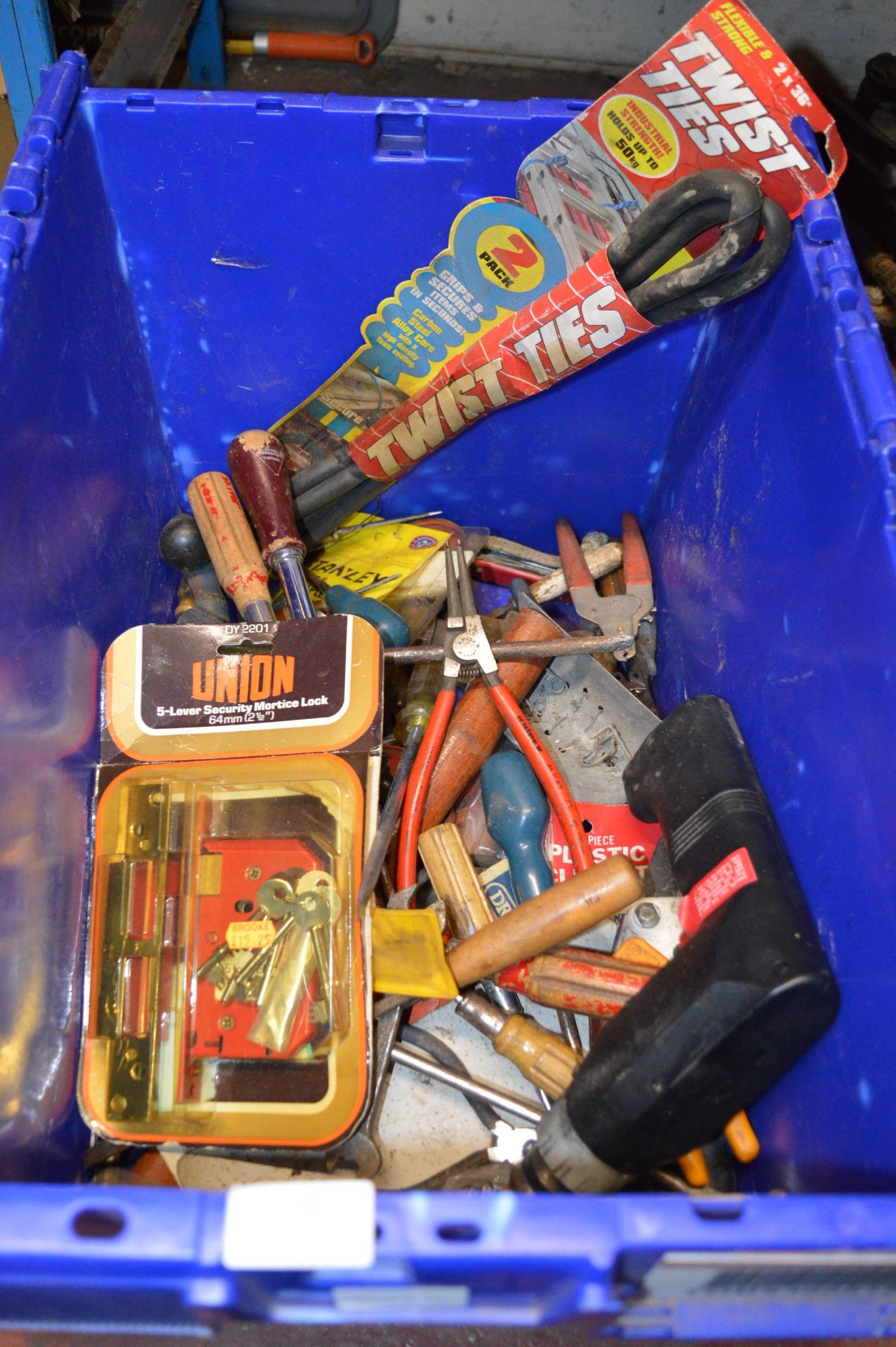 Box of Assorted Tools Including Screwdrivers, Lock