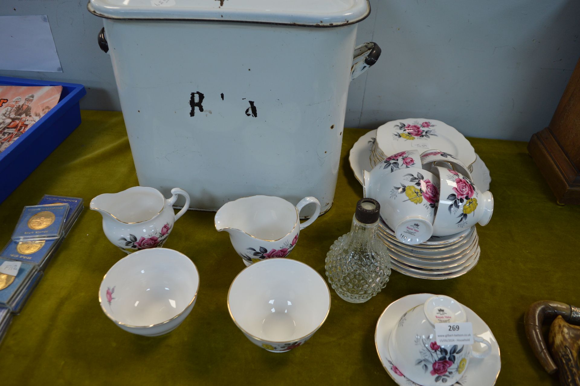 Royal Vale Part Tea Set and an Enamel Bread Bin