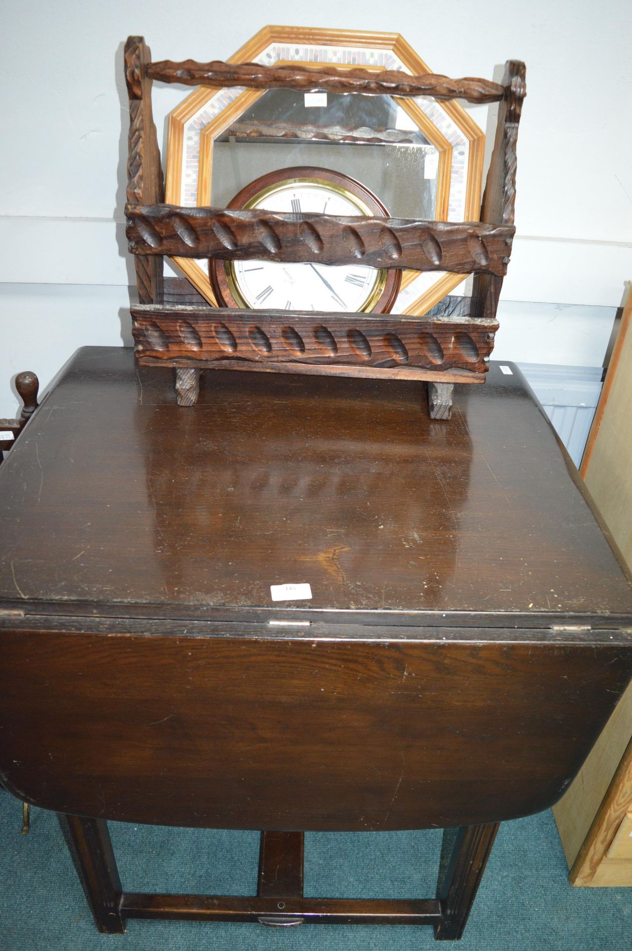 Mahogany Table, Magazine Rack, Clock, and a Mirror