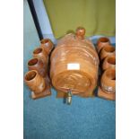 Eastern Carved Wooden Barrel and Drinking Cups