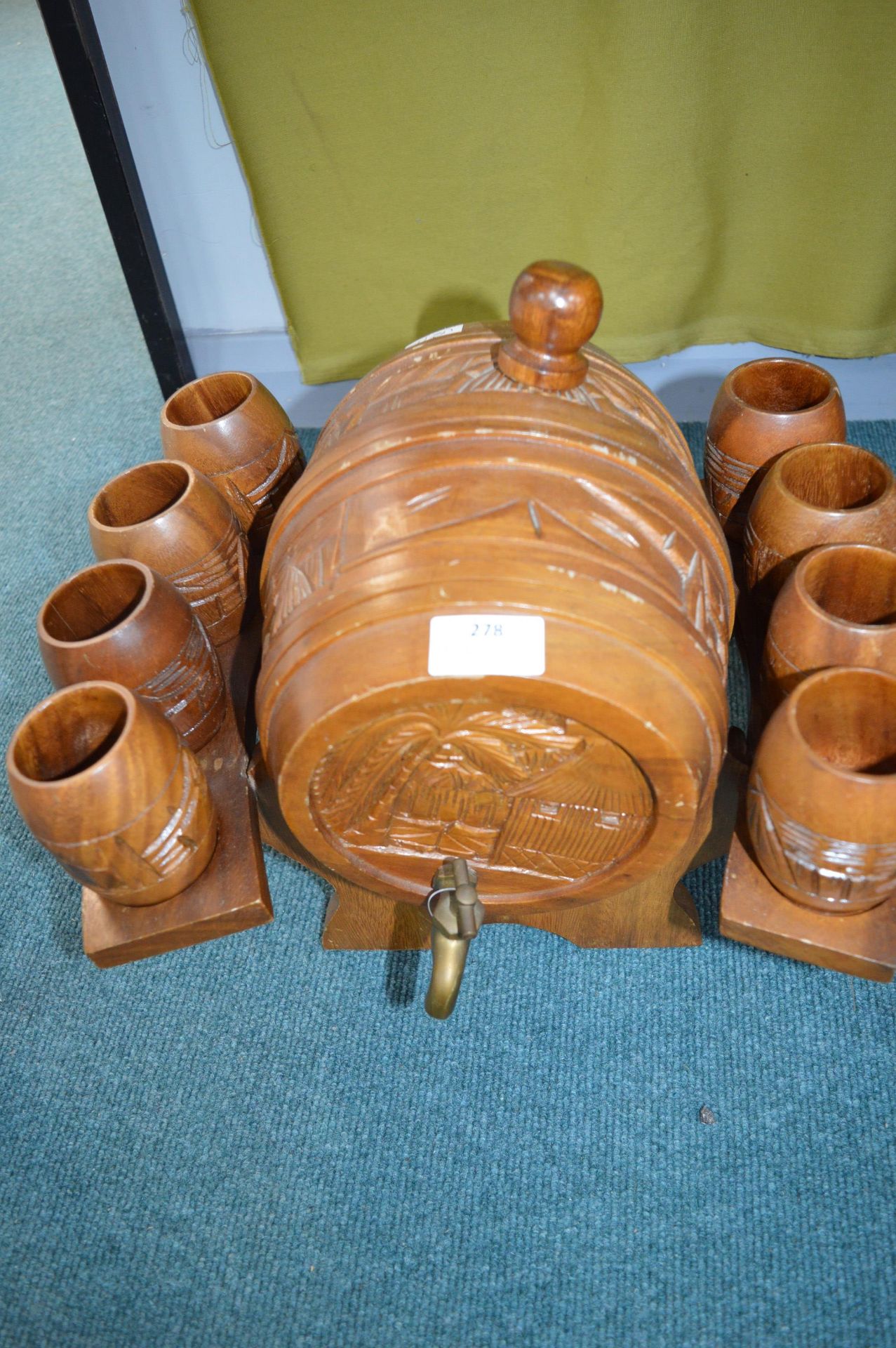 Eastern Carved Wooden Barrel and Drinking Cups