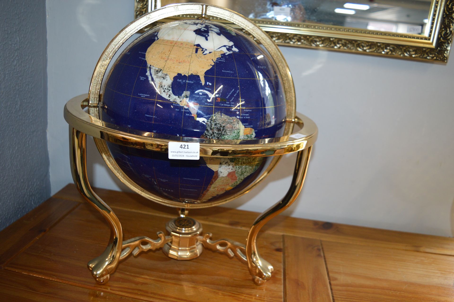 Gemstone Globe on Brass Stand